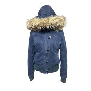 Hollister Jacket Womens Large Navy Blue Bomber Faux Fur Hooded Vintage Y2K Nice